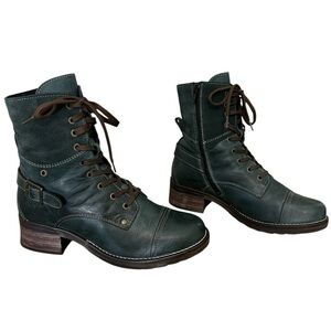 Taos Crave lace up leather combat boots side zip buckle detail teal size 8-8.5